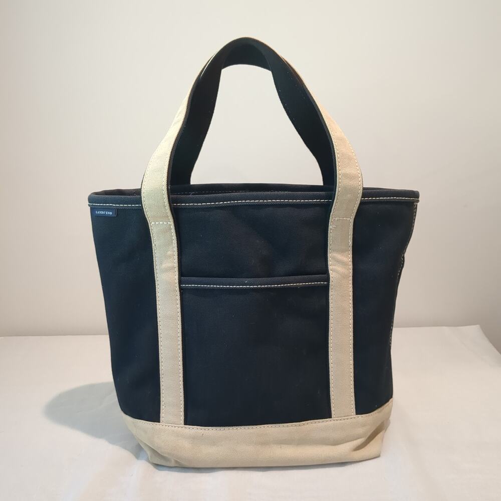 Lands End Canvas Open Tote Bag Beige Dark Blue Classic 5 Pockets Nautical Travel